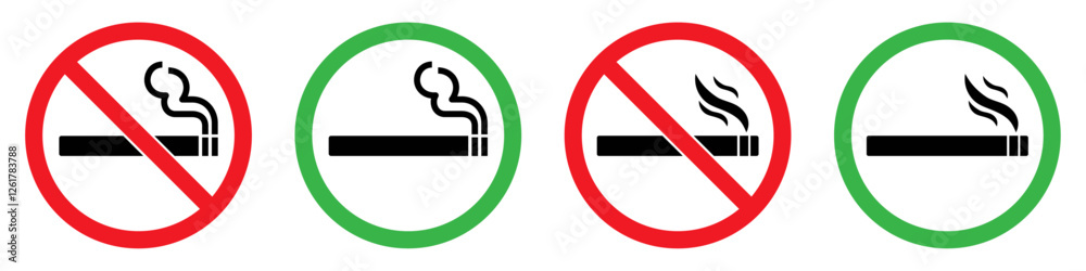 No smoking area and smoking area sign printable red and green color. No smoking, ban symbols. No smoking symbol. no smoke circle in red and green. Forbidden icon. stop symbol icon set.