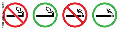 No smoking area and smoking area sign printable red and green color. No smoking, ban symbols. No smoking symbol. no smoke circle in red and green. Forbidden icon. stop symbol icon set.