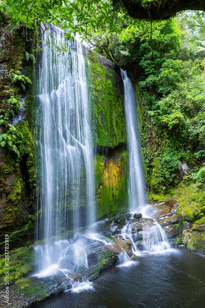 Stunning waterfall cascading down mossy rocks in a lush, green forest. Nature's beauty at its finest. Korokoro Falls, Lake Waikaremoana Track, Hawkes Bay, New Zealand Stunning waterfall cascading down mossy rocks in a lush, green forest. Nature's beauty at its finest. Korokoro Falls, Lake Waikaremoana Track, Hawkes Bay, New Zealand