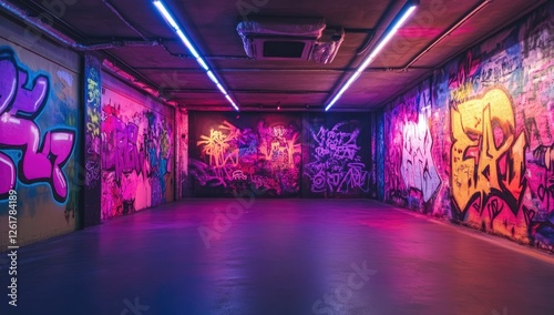 Graffiti-covered underground club space with neon lights