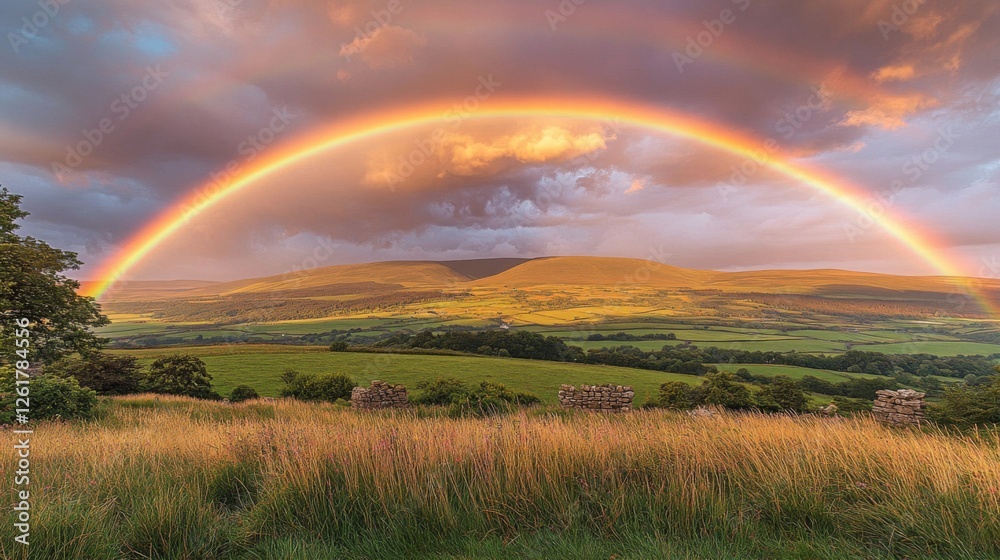 Rainbow Arcing Over Rolling Hills And Fields Rainbow Arcing Over Rolling Hills And Fields