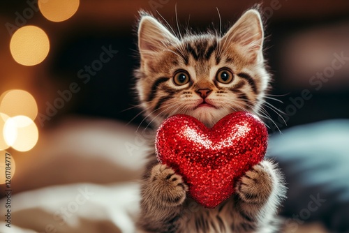 Cute kurilian bobtail baby feline with sparkling rhinestones red heart at cozy residence. Kurilian bobtail - my treasured cat, symbol of care. Promotion animal conceptual art. photo