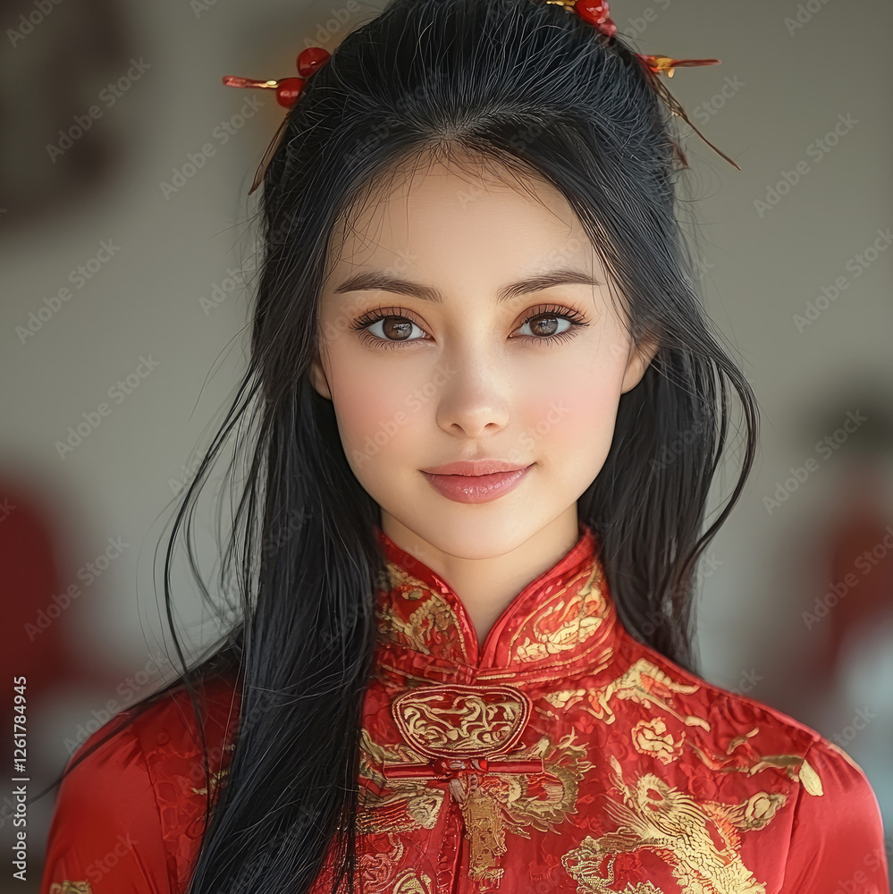 Beautiful Chinese girl with long black hair wearing red and gold attire, celebrating Chinese new year. Beautiful Chinese girl with long black hair wearing red and gold attire, celebrating Chinese new year.