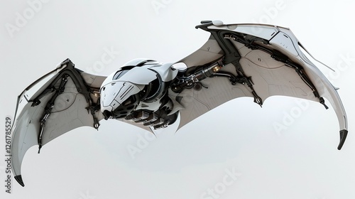 Cybernetic Bat: A futuristic, biomechanical bat design. Sleek, white body with intricate, dark grey mechanical details. Large, membranous wings spread wide. Perfect for sci-fi, fantasy.