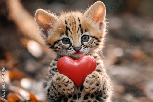 Commercial animal visual idea. Serval - my treasured animal. Cute serval baby with animal toy red heart on in a natural habitat. Love-filled nature backdrop. Wild beauty of romance. Wild lov. photo