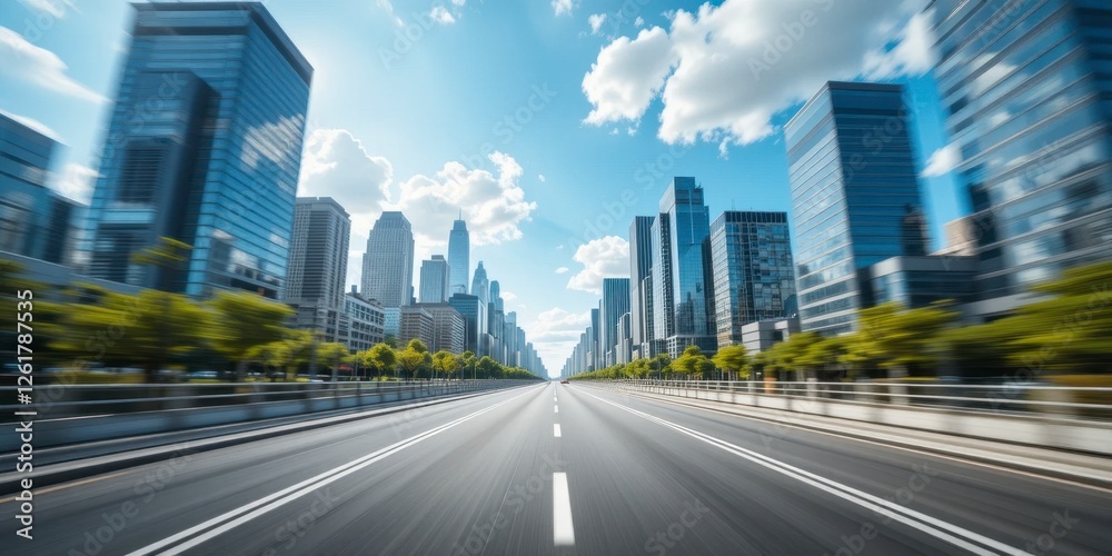 Fototapeta premium Cityscape perspective drive urban skyline high-resolution image daylight wide view modern architecture