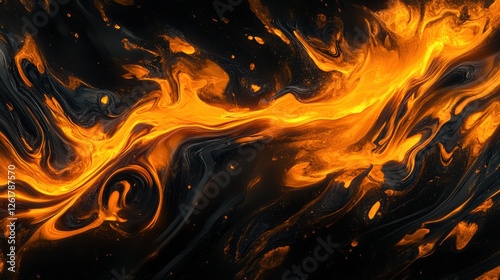 Abstract Fire and Dark Fluid Marbling with Swirling Energy in Digital Art