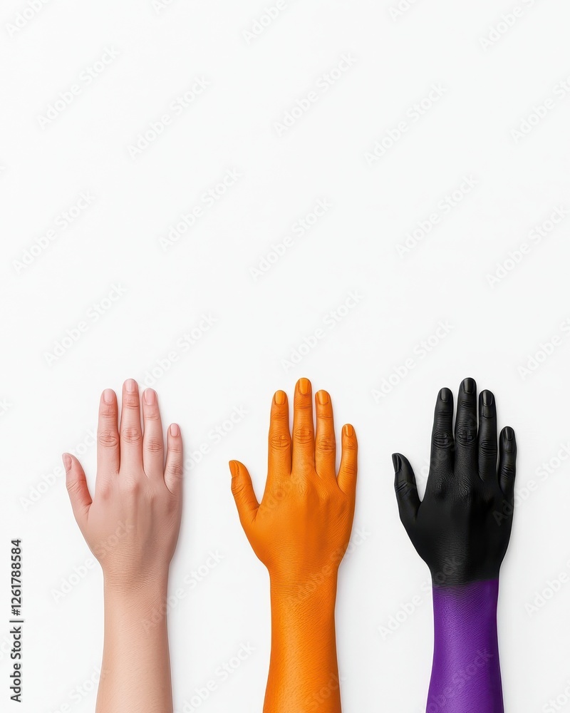 Three diverse hands painted in vibrant colors symbolize unity and diversity in society. Three diverse hands painted in vibrant colors symbolize unity and diversity in society.