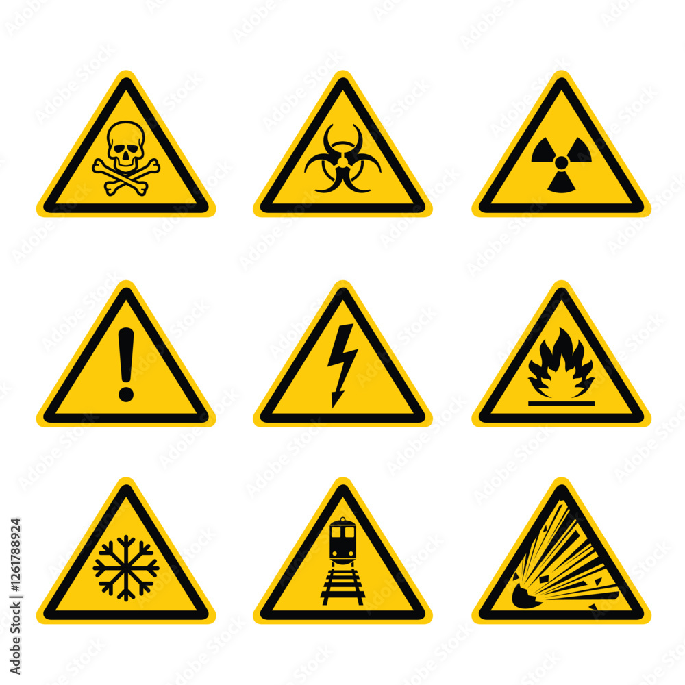 Hazard and Warning Signs Set with Symbols. Vector Hazard and Warning Signs Set with Symbols. Vector