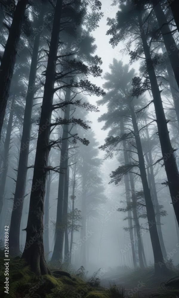 Obraz premium Dark forest with towering trees and misty atmosphere, eerie feeling, woodland, twilight