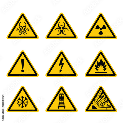 Hazard and Warning Signs Set with Symbols. Vector
