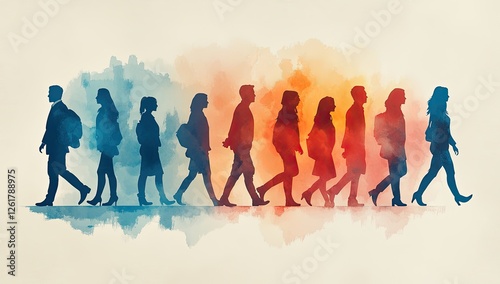 Wallpaper Mural Silhouettes of commuters walking, city background, watercolor effect Torontodigital.ca