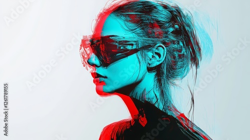 Chromatic Aberration Portrait, A Modern Woman in Red and Blue photo