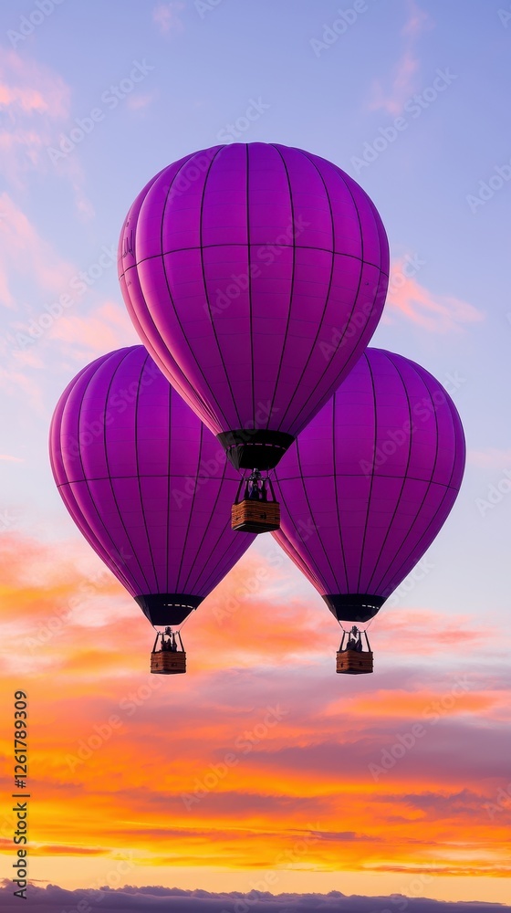 Obraz premium Three vibrant purple hot air balloons float against a stunning sunset backdrop, creating a magical travel experience.