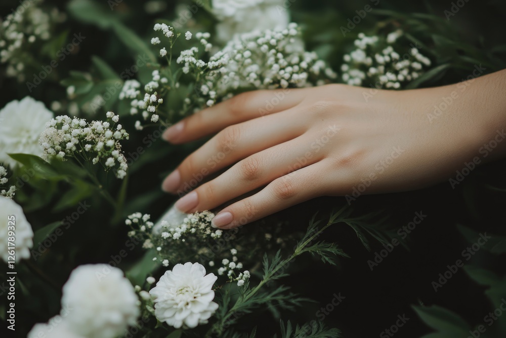 Fototapeta premium A delicate hand rests gently among white flowers