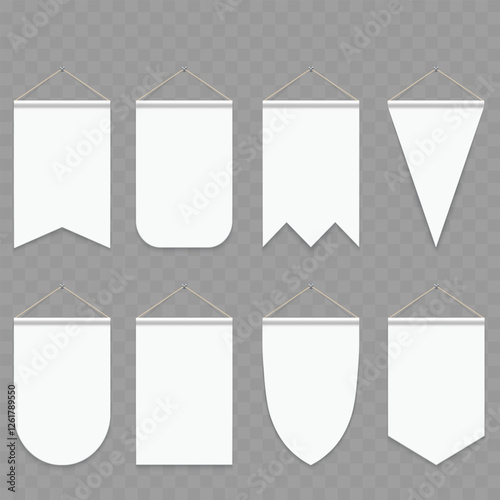 Blank Hanging Banners and Pennants Set Mockup. Vector