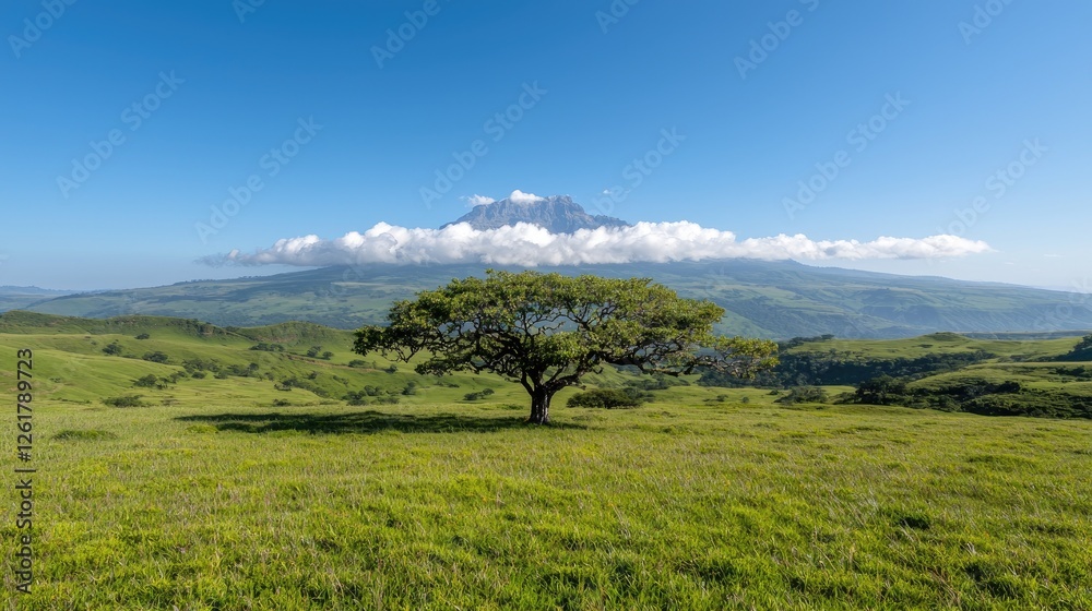 Lone tree in grassy field, mountain backdrop, peaceful nature scene, ideal for travel brochures Lone tree in grassy field, mountain backdrop, peaceful nature scene, ideal for travel brochures