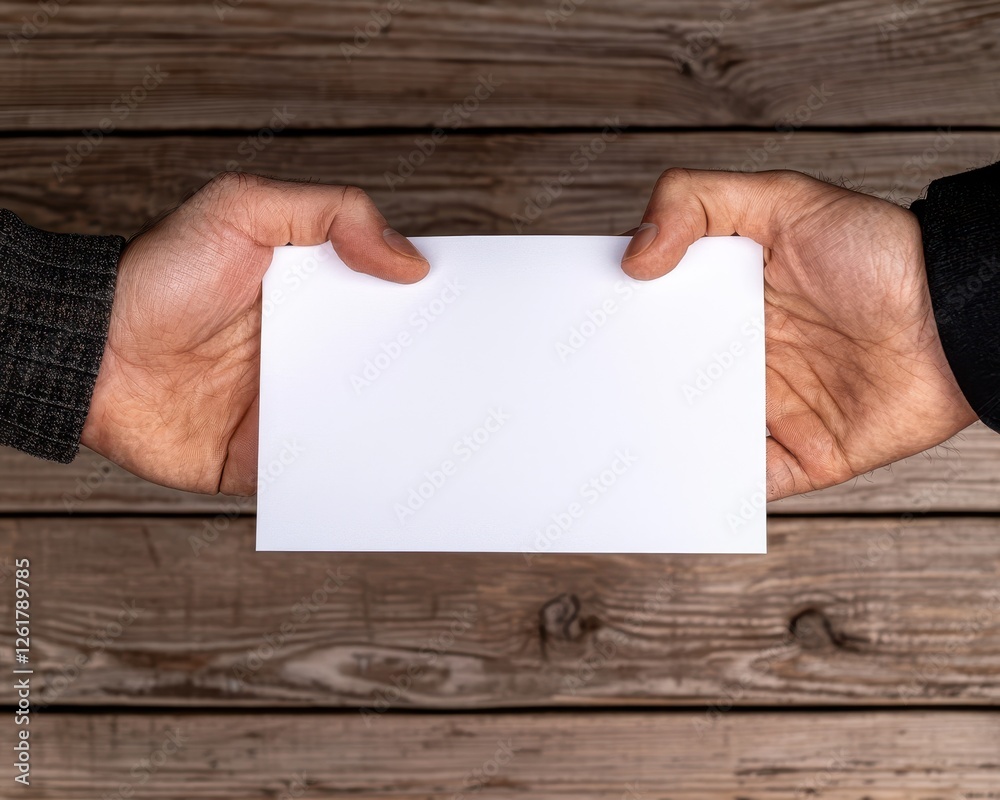Obraz premium Two hands exchanging a blank card on a wooden table, symbolizing communication and opportunities.