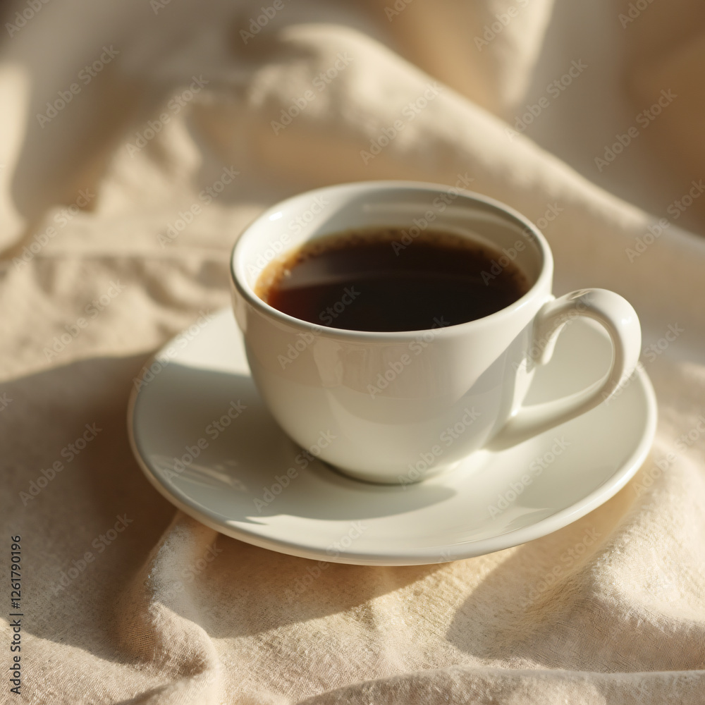 a cup of coffee on a beige linen cloth with soft natural light a cup of coffee on a beige linen cloth with soft natural light