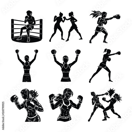 Boxing female Fighter Silhouettes Set 