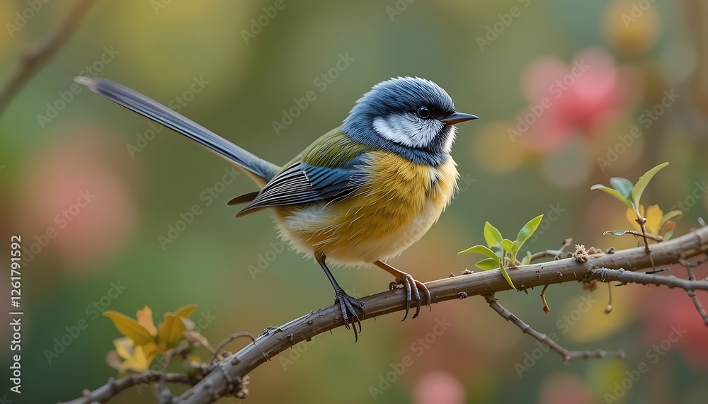 Fototapeta premium Vibrant Blue-Capped Yellow Bird Perched on a Branch in a Colorful Garden Setting