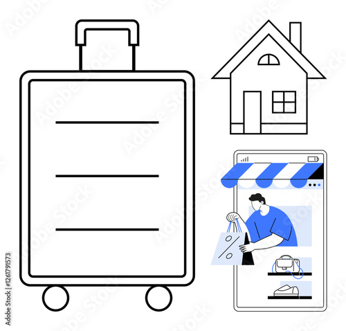 Large suitcase, house, person shopping online on a phone. Ideal for travel, e-commerce, home delivery, online shopping, remote commerce consumer behavior digital marketplaces. Connected modern
