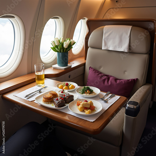 a first class airplane seat with a tray table filled with fine dinning