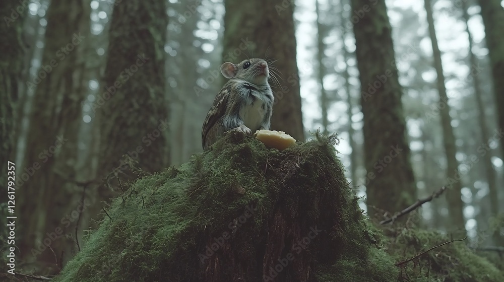 Cute squirrel quietly enjoys snack on mossy forest stump soft light. AI Generated Cute squirrel quietly enjoys snack on mossy forest stump soft light. AI Generated