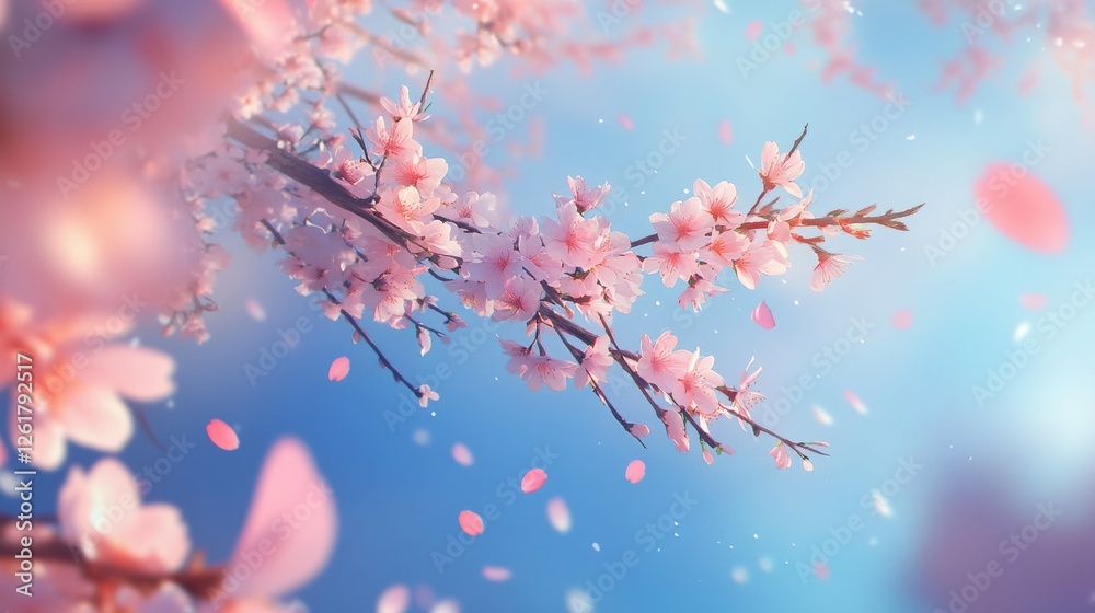 Cherry Blossom Branch in Springtime Light Sky Backdrop Pink Petals Drifting Gently Anime Style Art Cherry Blossom Branch in Springtime Light Sky Backdrop Pink Petals Drifting Gently Anime Style Art