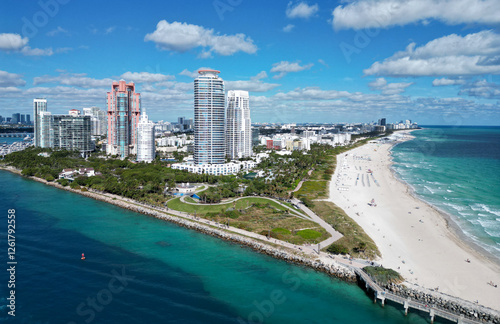 Aerial marina view. Beach vacation. Coastline of Miami. Miami south beach aerial view. Sea beach seashore and coastline. Luxury view. Summer vacation in Miami, US. Sea vacation on beach