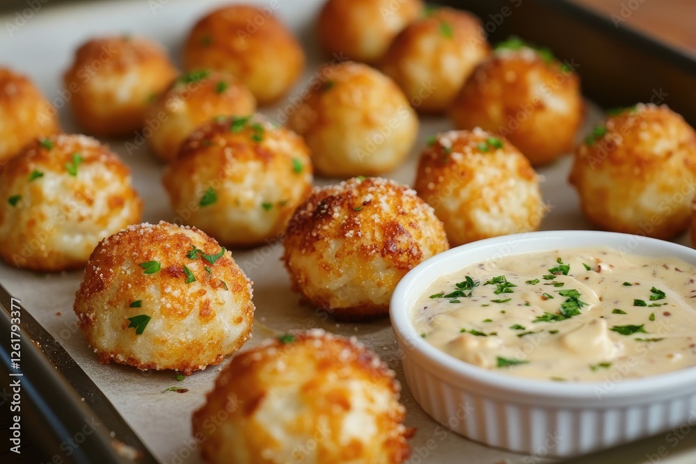 Golden Brown Baked Cheese Balls with Creamy Dip Golden Brown Baked Cheese Balls with Creamy Dip