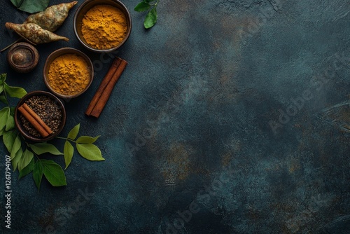 Culinary spices, dark surface, turmeric, cinnamon, background photo