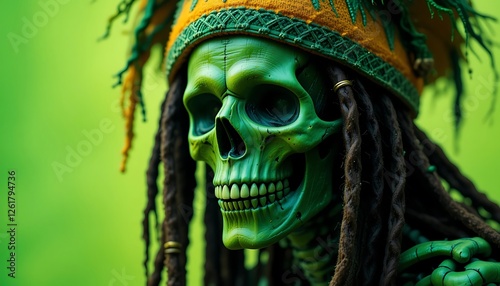 Green Rastafarian Skeleton with Dreadlocks and Hat Close-Up