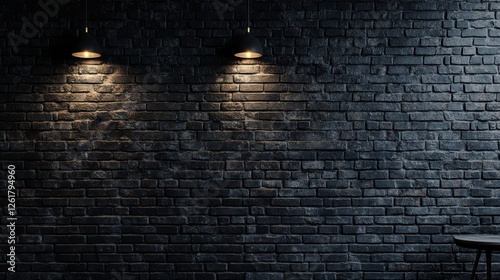Dramatic Brick Wall Lit by Suspended Lamps Creates a Dark Atmospheric Backdrop with Texture Contrast