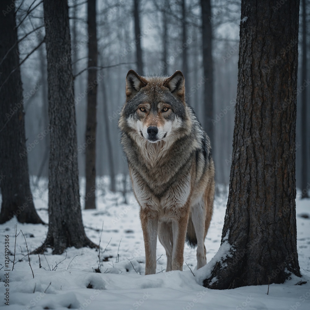 Fototapeta premium A majestic gray wolf standing on a snowy white background. wolf in snow Majestic Wolf in the Wilderness Majestic Gray Wolf in a Snowy Forest