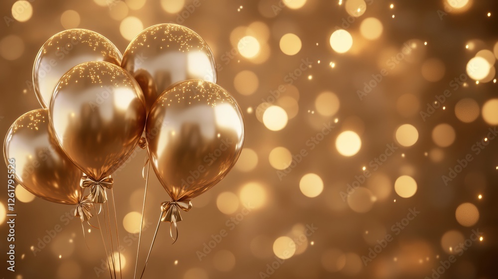 Elegant Gold Balloons Floating Against Blurred Bokeh Lights Background Celebration Event Moment Elegant Gold Balloons Floating Against Blurred Bokeh Lights Background Celebration Event Moment