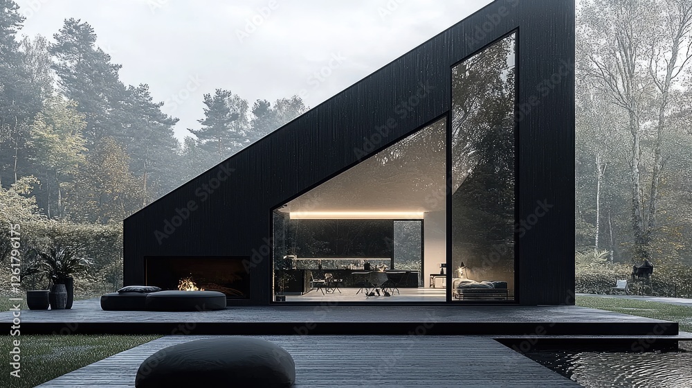 A black house studio with a large asymmetrical window on one side.