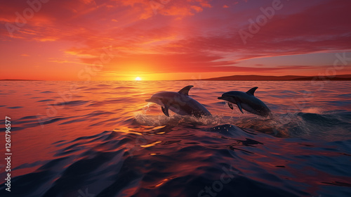 sunset on the sea,dolphin,generaitive ai