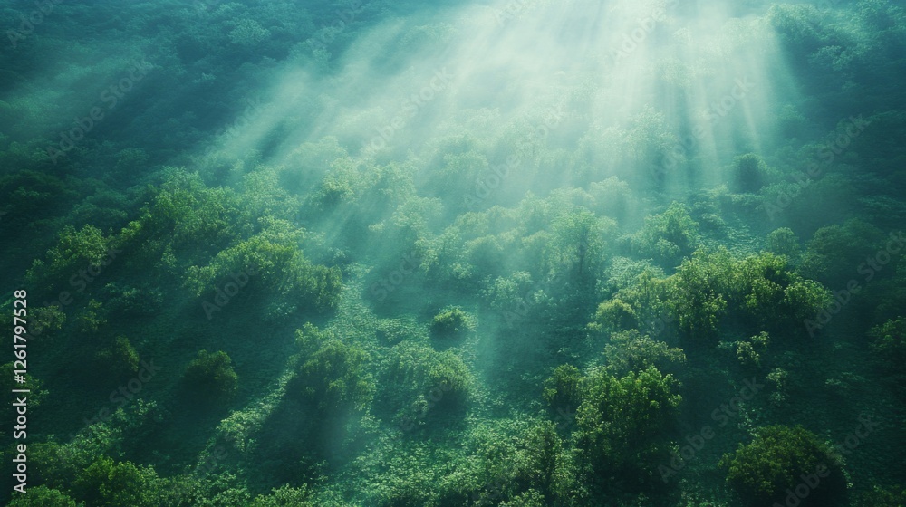 Fototapeta premium Sunbeams Illuminate Lush Green Forest Canopy