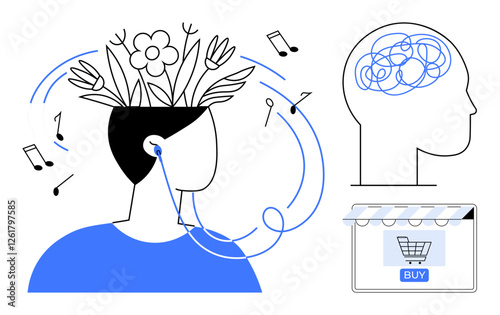 Minimalist design of person with flowers and notes emanating from head, headphones, abstract brain sketch, online shopcart. Ideal for creativity, relaxation, e-commerce, mindfulness, music therapy photo