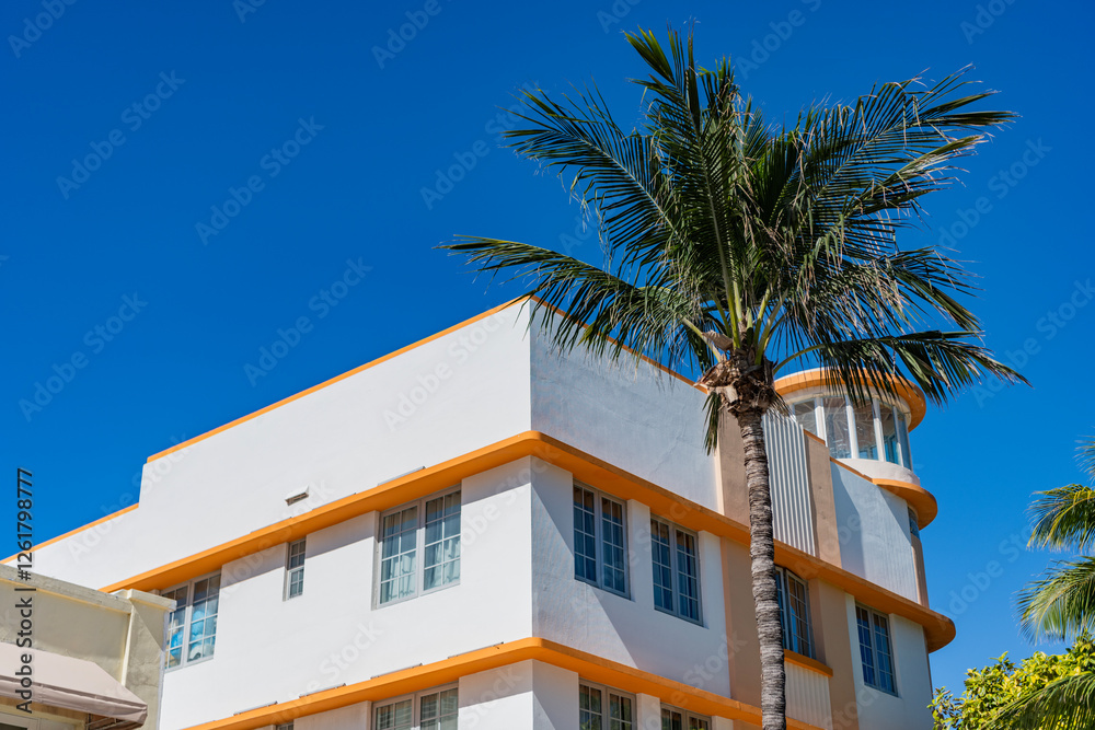 Fototapeta premium Architectural district Art Deco. Modern building of Miami beach. Ocean drive. Miami Beach in Ocean Drive Florida. Art Deco building architecture. Architectural building designs. Art deco
