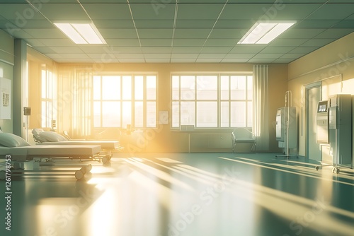 modern hospital room with large windows and bright lighting