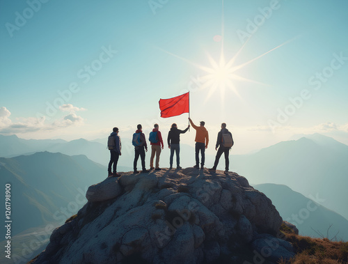 Success concept. Team standing on the mountaintop with holding a flag of achievement.
