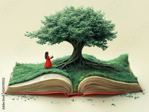 Girl Reading Open Book Underneath Tree with Roots Growing in Grass on Pages in Fantasy World photo