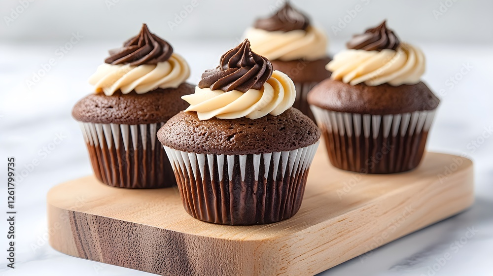 Delicious Chocolate Cupcakes with Creamy Frosting on Wooden Board Delicious Chocolate Cupcakes with Creamy Frosting on Wooden Board