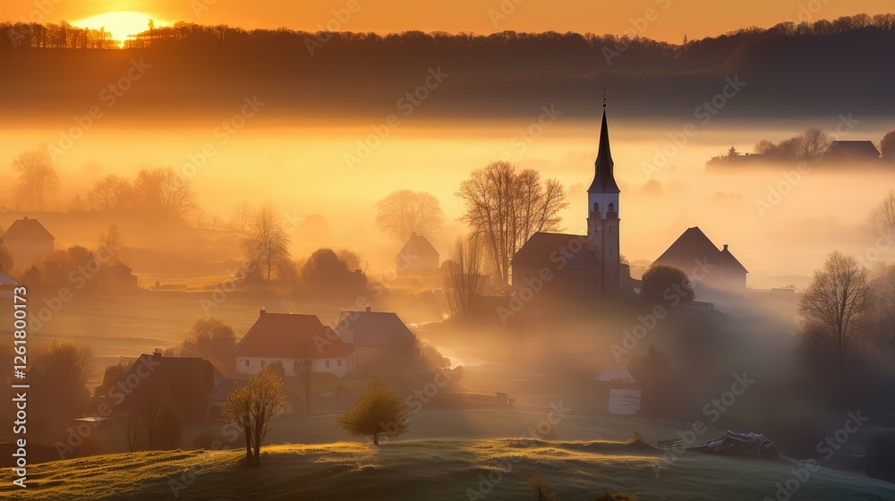 Fototapeta premium village foggy springtime sunrise