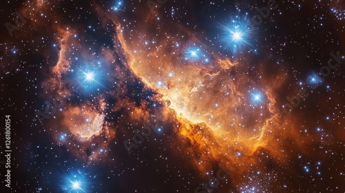 Stunning cosmic nebula with glowing blue and orange gas clouds, surrounded by bright stars in deep space, creating a mesmerizing celestial view.