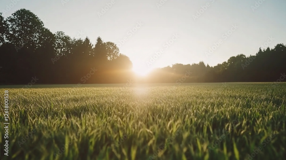 Sunset over golden wheat field, forest background Sunset over golden wheat field, forest background