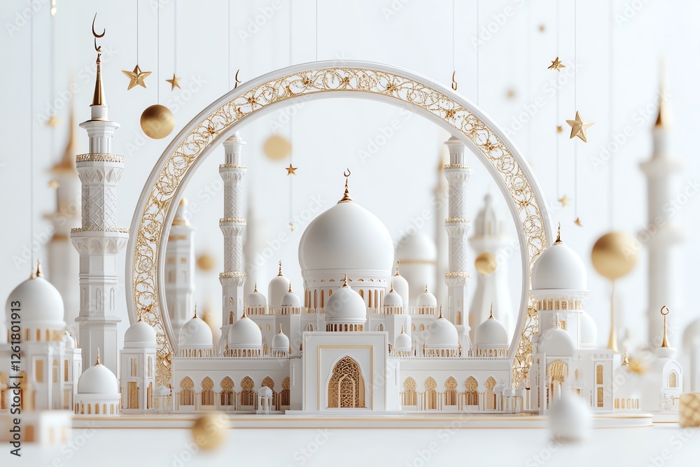 Obraz premium Experience the festive spirit of Eid Fitr with this high-definition 3D-rendered vector illustration, showcasing a vibrant white and gold Islamic lantern adorned with traditional motifs and intricate .