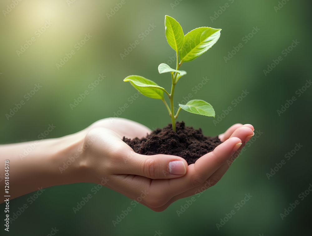 Hand holding sprouting plant for forest conservation concept.